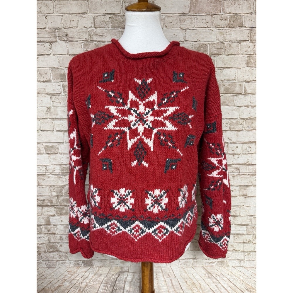 Vtg Best authentic Roll‎ Neck Wool Red Floral Sweater Star M True North Aran